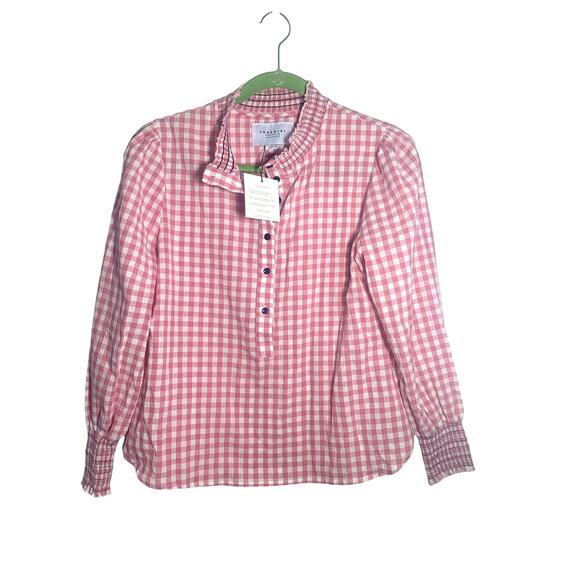 The Shirt Rochelle Behrens Pink White Gingham Smocked‎ neck /sleeves XS NWT - Picture 2 of 9